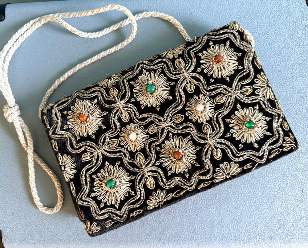 Vintage Zardozi Embroidered Velvet Purse - Gold Metallic India Evening Clutch